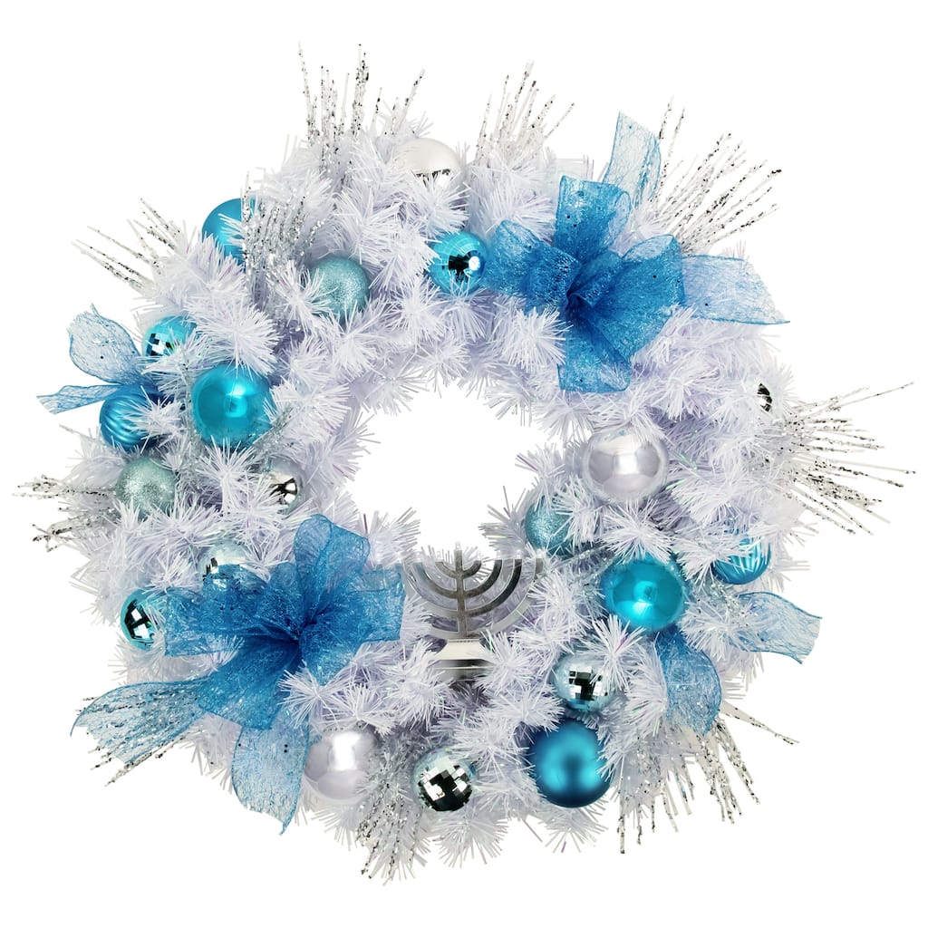 24" Pre-Decorated Menorah Artificial White Pine Hanukkah Wreath