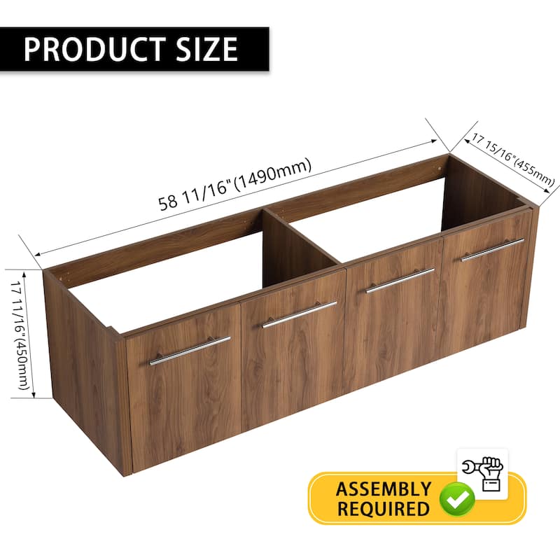 Modern 60 Inch Wall-Mounted Bathroom Vanity Base with Soft-Close Doors, No Sink Included