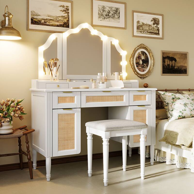Makeup Vanity Desk with 13 Hollywood Bulbs & 3 Lighting Modes, Dressing Table with Tri-Fold Mirror, 5 Drawers & Shelves - White