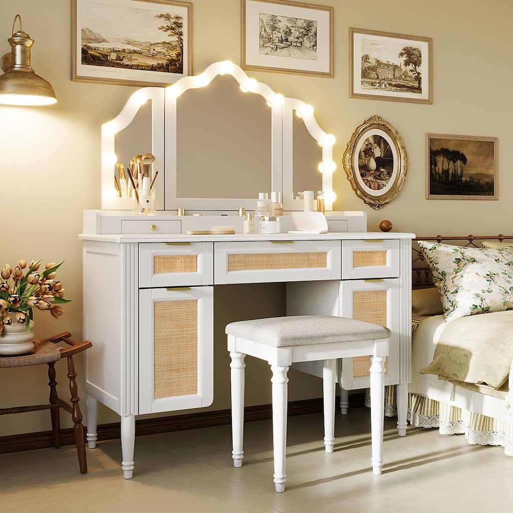 Makeup Vanity Desk with 13 Hollywood Bulbs & 3 Lighting Modes, Dressing Table with Tri-Fold Mirror, 5 Drawers & Shelves