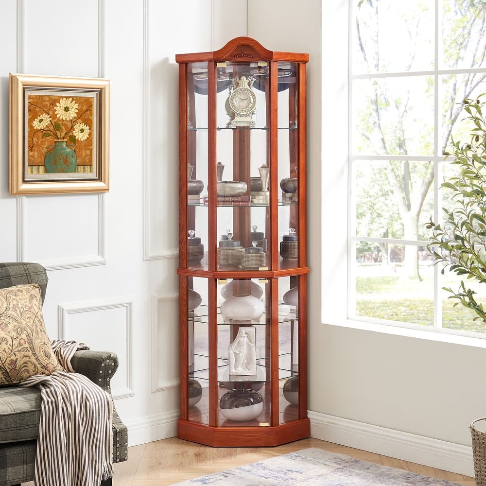 Corner Decoration Display Cabinet with Light, Adjustable Glass Shelves & Door