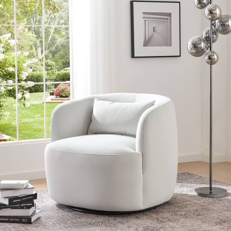 KINWELL 34" Wide Velvet Upholstered Swivel Accent Chair with Toss Pillow - Set of 1 - Off White Velvet