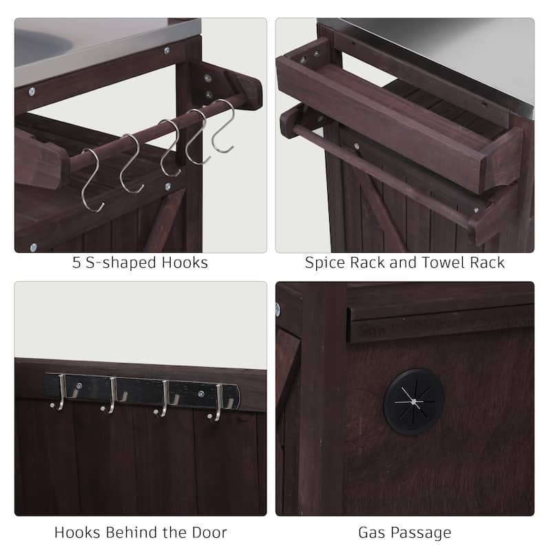 53.3" Outdoor Kitchen Island with Stainless Steel Top, Raised Shelf Solid Wood Storage Cabinet Outdoor Rolling Grill Cart