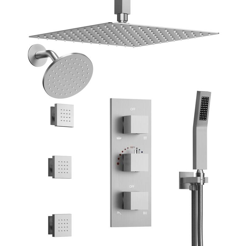 GRANDJOY Dual Shower Heads 12" Rainfall Shower System with 3 Body Jets and Handheld Shower