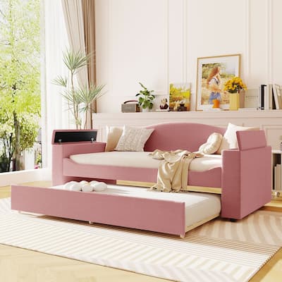 Twin Size Upholstered Daybed with Storage Armrests,Trundle and Latest Integrated Bluetooth Audio System