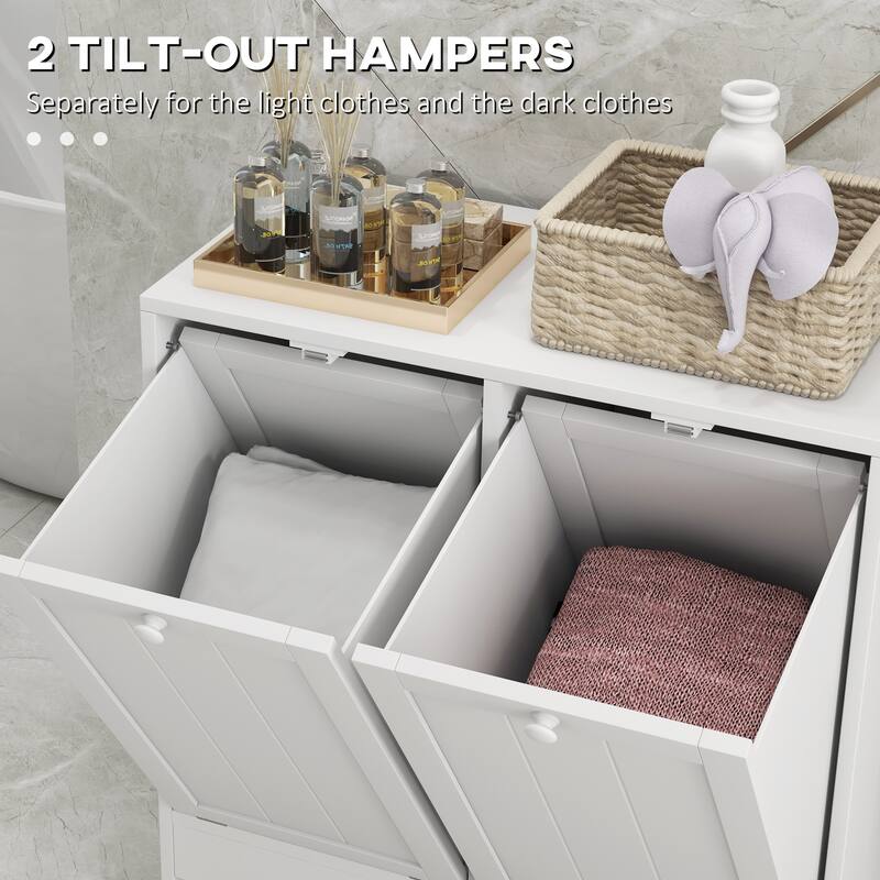 White Hidden Laundry Hamper Cabinet with Two Tilt Out Compartments Solid MDF and Particleboard - 26" W x 13" D x 26.75" H