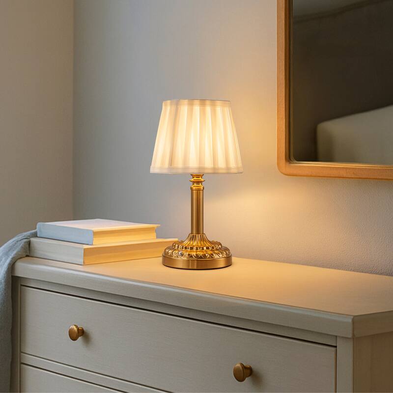 ALOADECOR Glam Cordless Brass Table Lamp Touch Control with 3 Way Classic Elegant Dimmable LED Nightstand Lamp with Fabric Shade - H11''