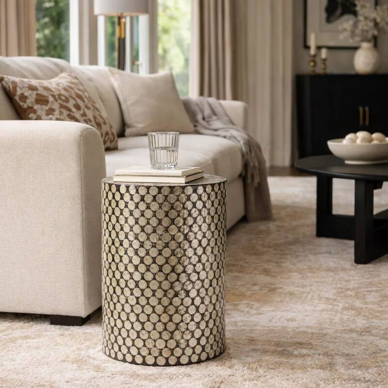 20 Inch Stool Table, Round Wood Design, Modern, Capiz Inlay, Black, White