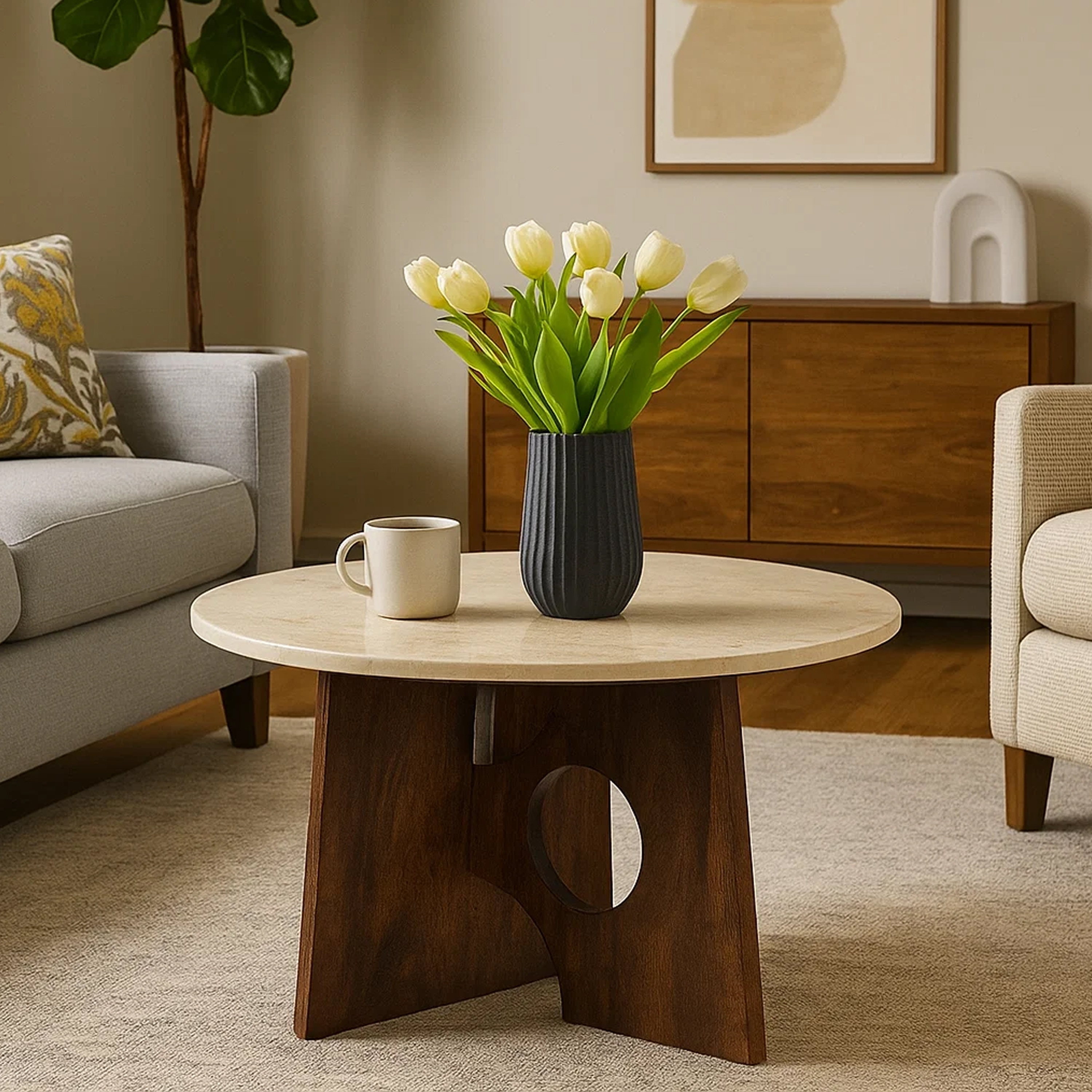 Kali Coffee Table 27" Natural Round Marble Tabletop Dark Brown Mango Wood Sculptural Base