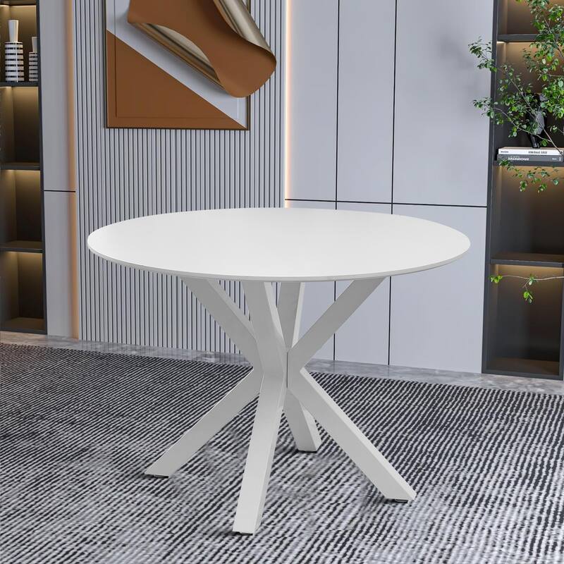 Modern Minimalist Round Dining Table with MDF Top and Metal Legs - White