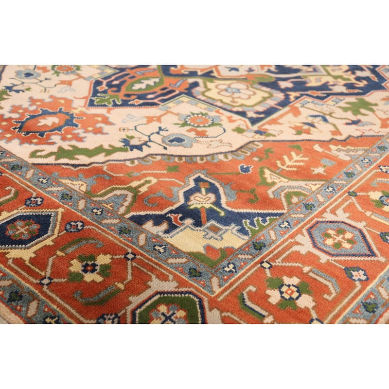 Peach Geometric Heriz Serapi Indian Area Rug Hand-Knotted Wool Carpet - 8'11" x 11'8"