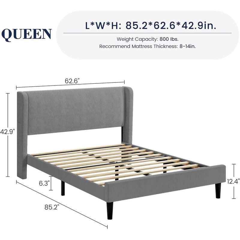 Platform Bed Frame with Upholstered Wingback Headboard