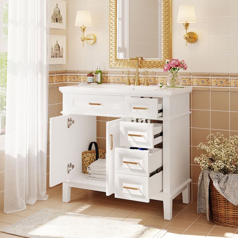 Modern Bathroom Vanity with Resin Sink, 2 Soft Close Doors and 4 Drawers