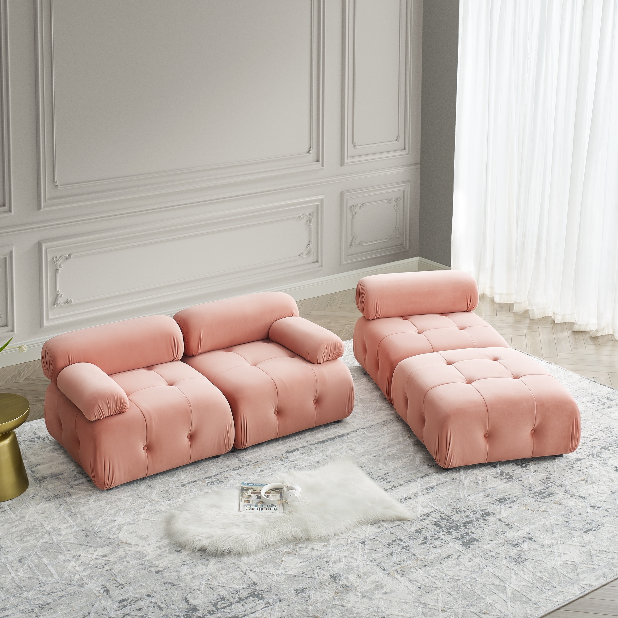 Pink Modular Velvet Sectional Sofa with DIY Combination L Shaped Couch