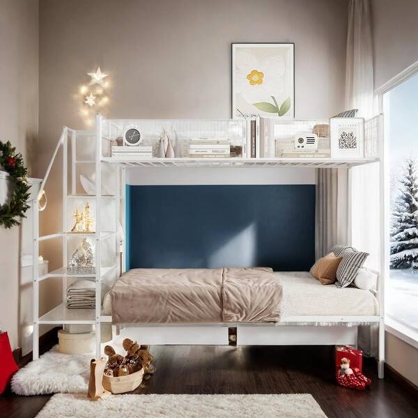 slide 2 of 20, Twin Over Full Metal Bunk Bed with Wire Shelving White