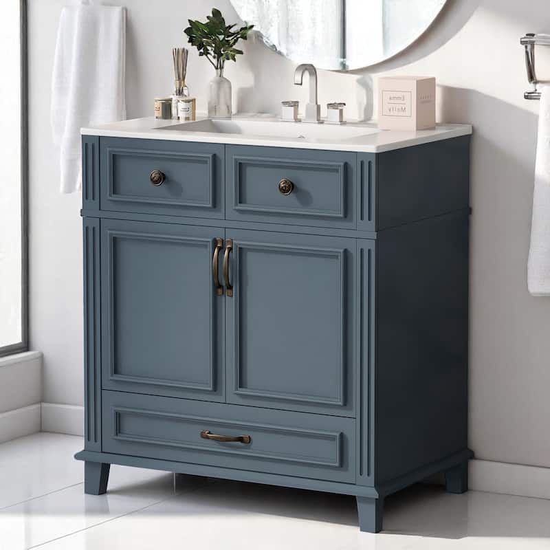 30 Inch Freestanding Bathroom Vanity with Sink, Soft Close Doors, Single Drawer, Solid Wood Frame - Blue