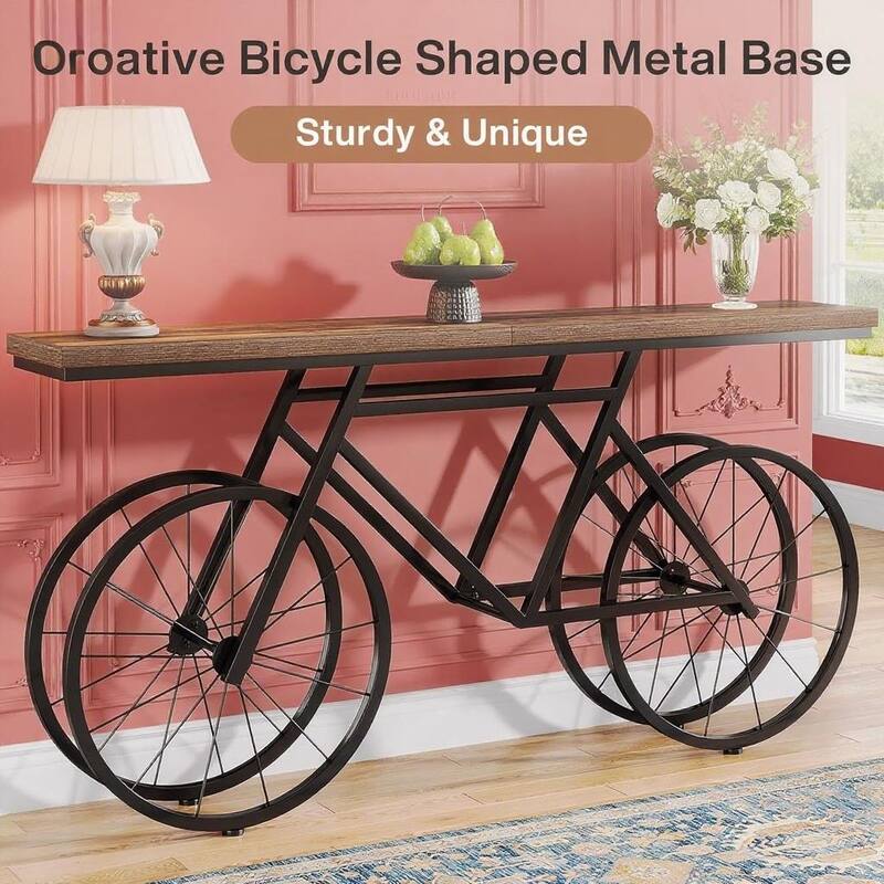 Brown-Black MDF Console Table with Bicycle Metal Base and Spacious Top - 70.86” L x 11.81” W x 33.46” H