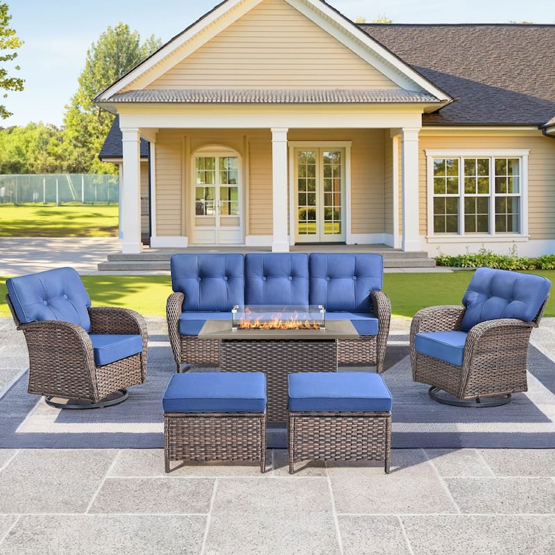 6 Pieces Outdoor Sofa Chair Ottoman with 41" Fire Table - Brown Wicker & Grey Cushion
