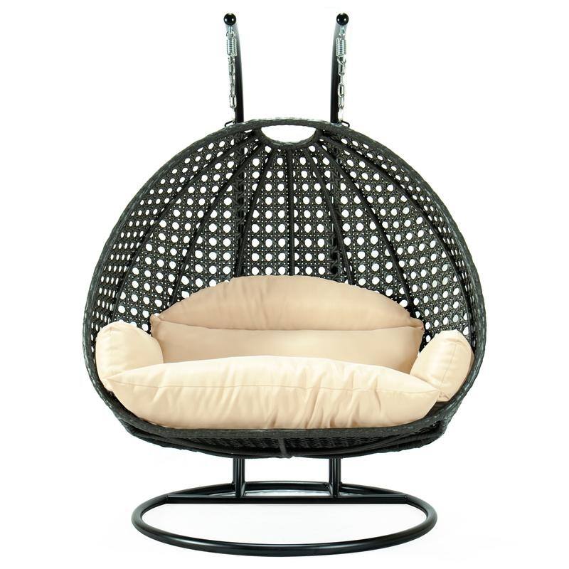 Leisuremod Modern Hanging Egg Swing Chair for 2-Person with Metal Stand, Charcoal Wicker, Patio Hammock Lounger with Cushions - Cream