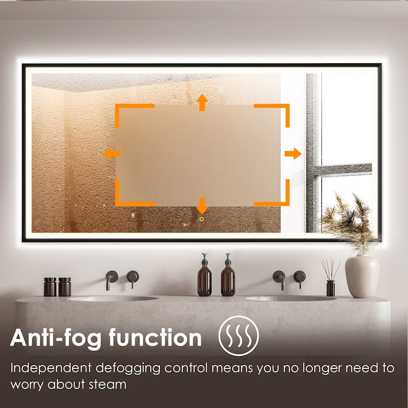 Apollo Rectangular Anti-Fog Dimmable Modern Bathroom/Vanity LED Lighted Wall Mirror in Matte Black Aluminum Framed