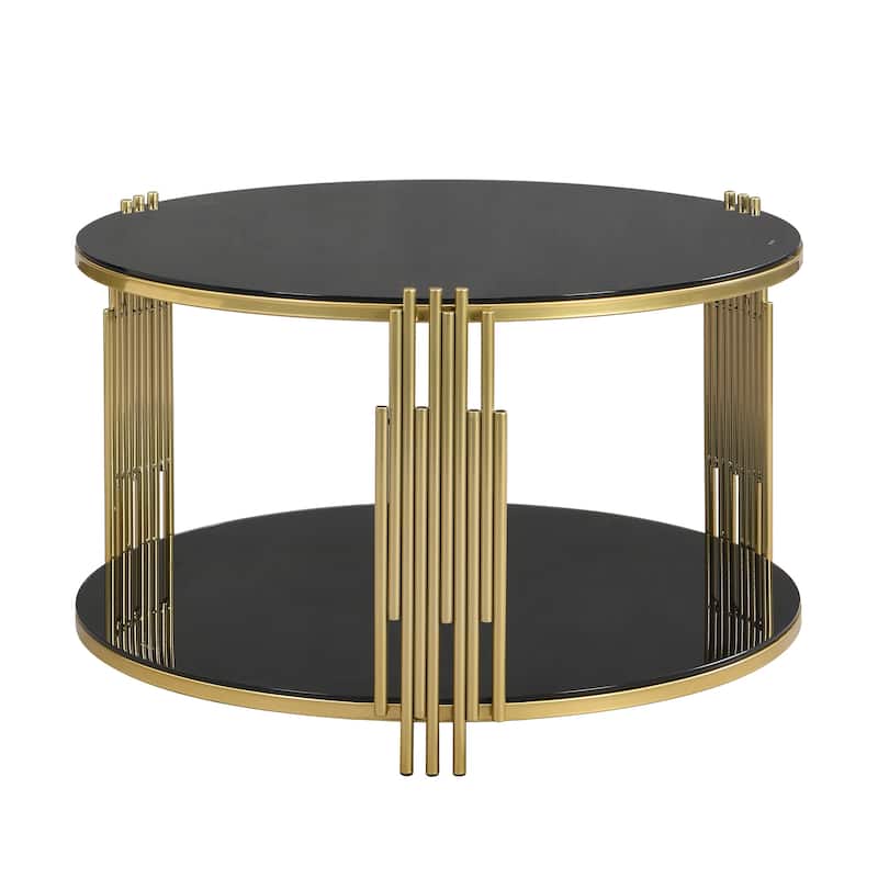 Living Room Table Set of 3, with 1 Coffee Table and 2 End Tables, Round, Tempered Glass, Asymmetrical Metal