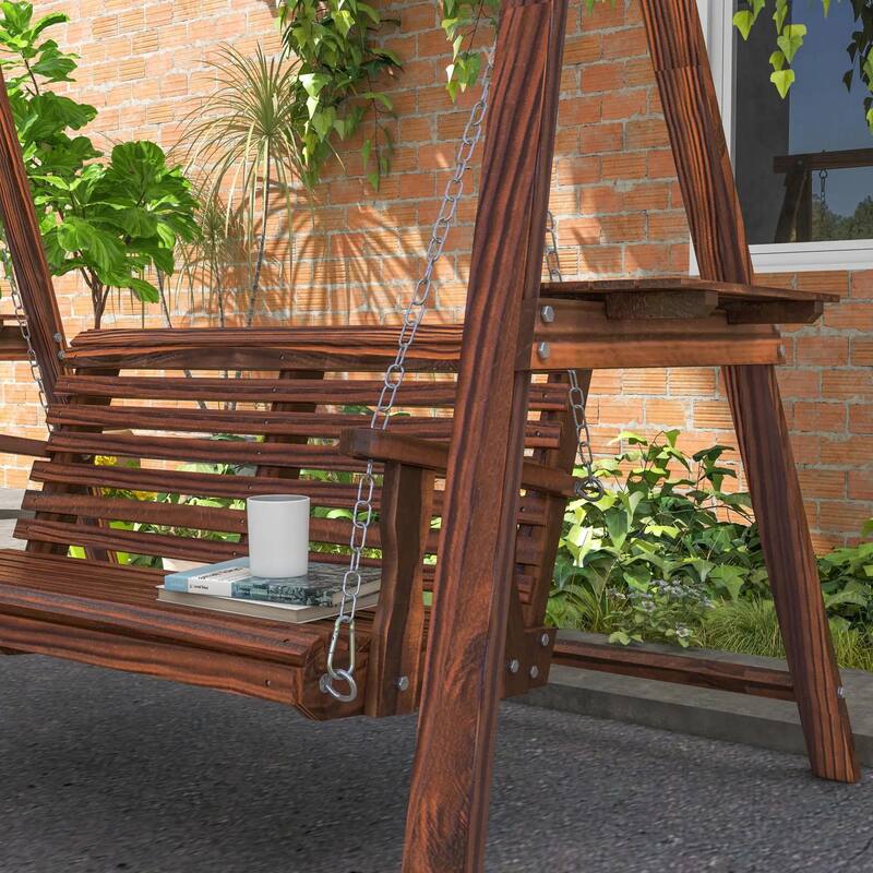 2-Seat Wooden Porch Swing, Stand, Side Tables, Metal Chains, Outdoor