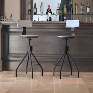 Weathered Wood Swiveling Bar Stool Adjustable Height Black Metal Base