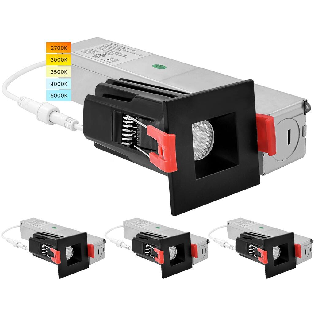 Luxrite 1 Inch Square LED Recessed Lighting with J-Box 7W 5 Color Option 2700K-5000K 500 Lumens Wet Rated - Black 4-Pack