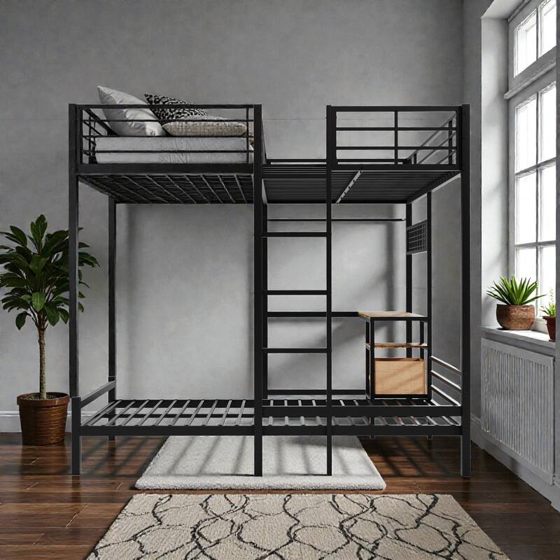 Twin Over Twin Metal Bunk Bed with L-Shaped Desk, Storage Shelves and Drawers, Loft Bunk Bed with Guardrail