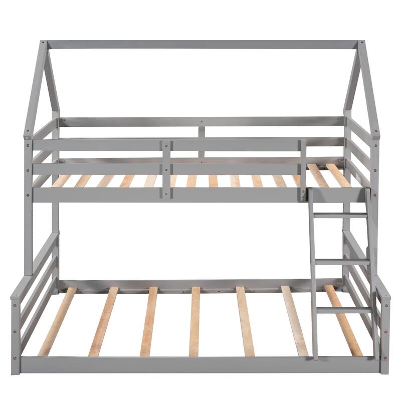 Space-Saving Twin Over Full House Bunk Bed with Guardrail and Ladder, No Box Spring Needed