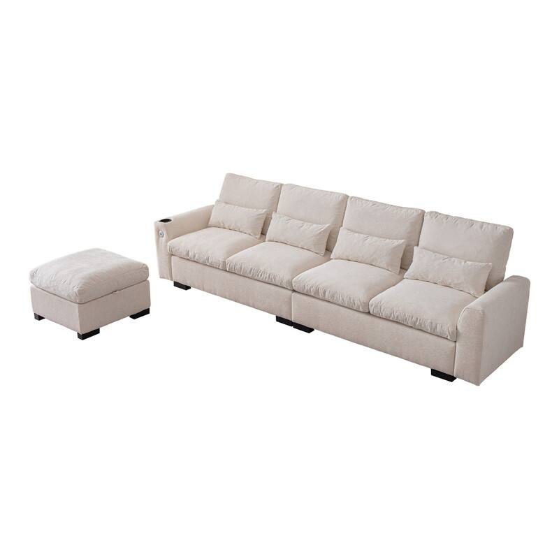 114.5" Modern Chenille L Shaped Sofa With Reversible Ottoman,Sectional Couch With USB Ports & Cup Holder
