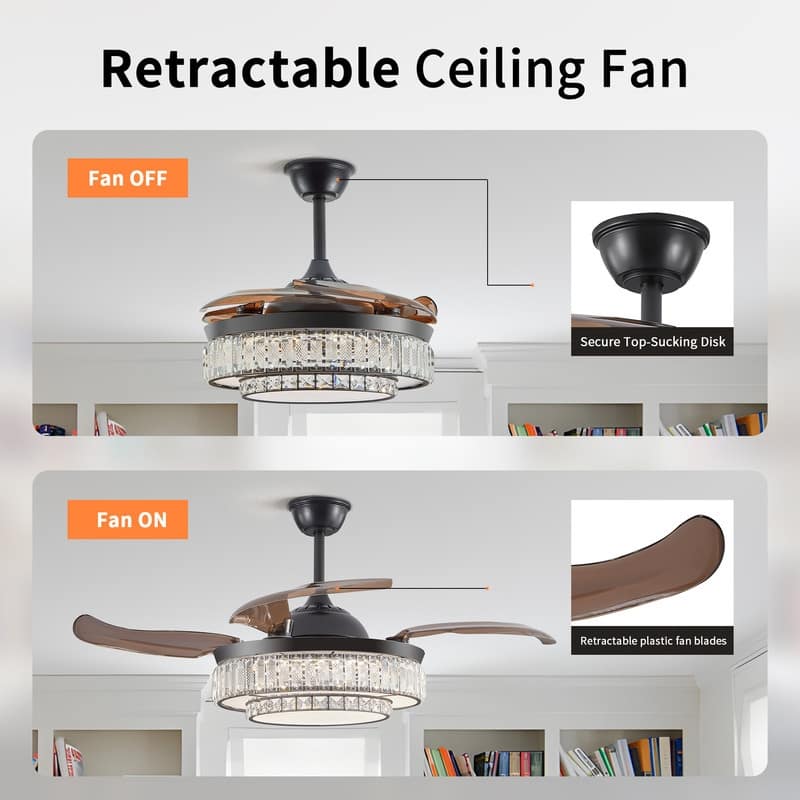 48" Modern Crystal Ceiling Fan With Retractable LED Light – 6-Speed Quiet DC Motor & Remote Control, Reversible 4-Blade Design.