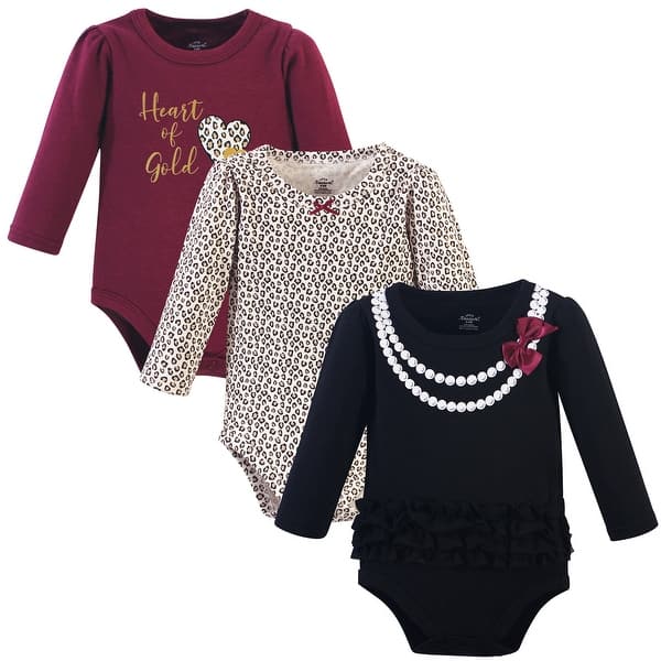 slide 1 of 1, Little Treasure Baby Girl Cotton Long-Sleeve Bodysuits 3pk, Burgundy Heart Of Gold 0-3 Months - Burgundy Heart Of Gold 3-Pack