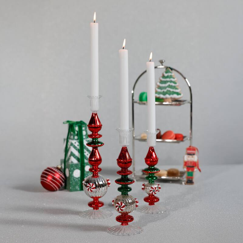 Holiday 13" Tall Mercury Glass Taper Candle Holders, Set of 4 - Red, Green, Silver