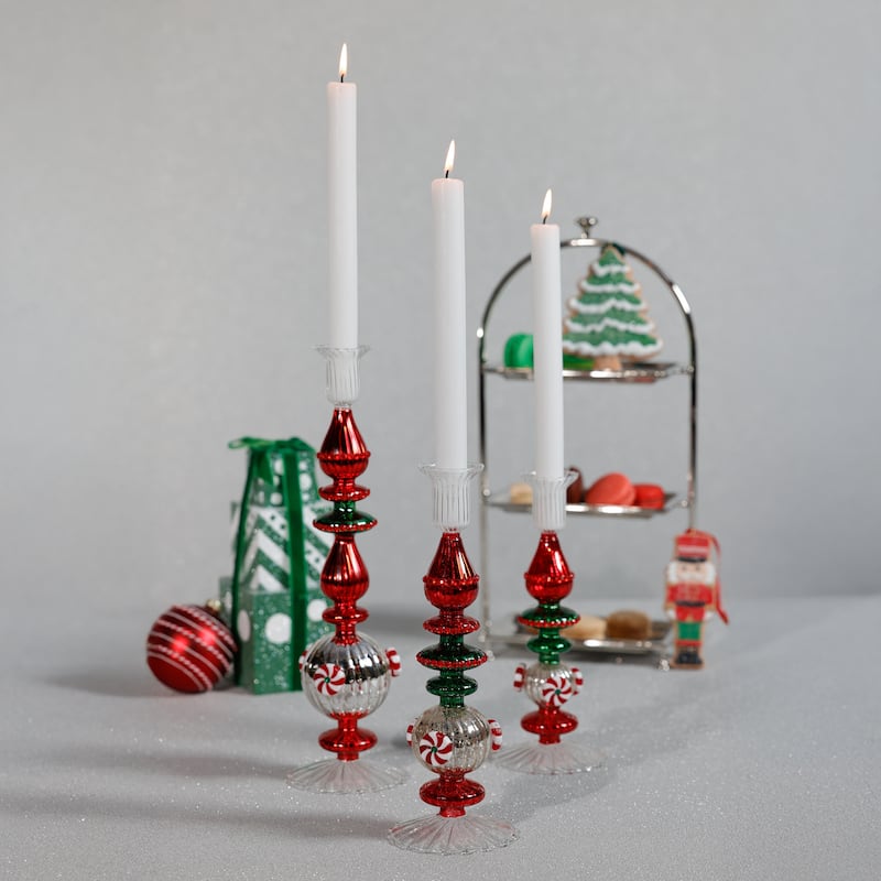 Holiday 9" Tall Mercury Glass Taper Candle Holders, Set of 4 - Red, Green, Silver
