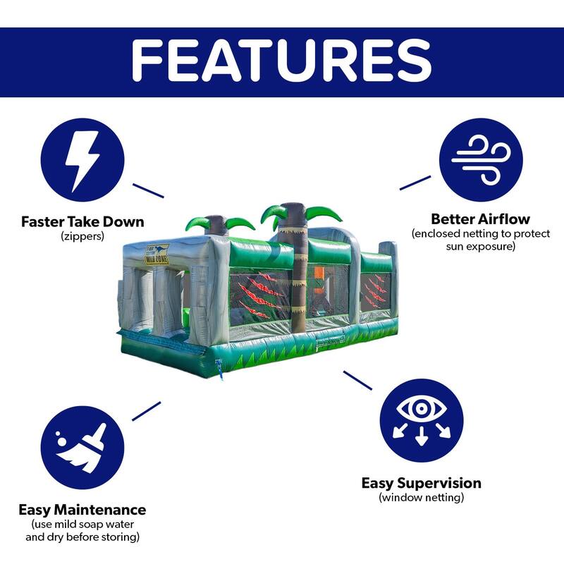 HeroKiddo T-Rex Adventure 20' Inflatable Obstacle Course, Commercial Grade PVC Vinyl, for Kids and Adults, with Air Blower