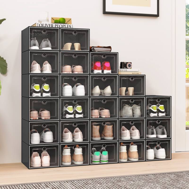 Moasis XL 24 Pack Shoe Storage Boxes Clear Plastic Stackable Shoe Organizer