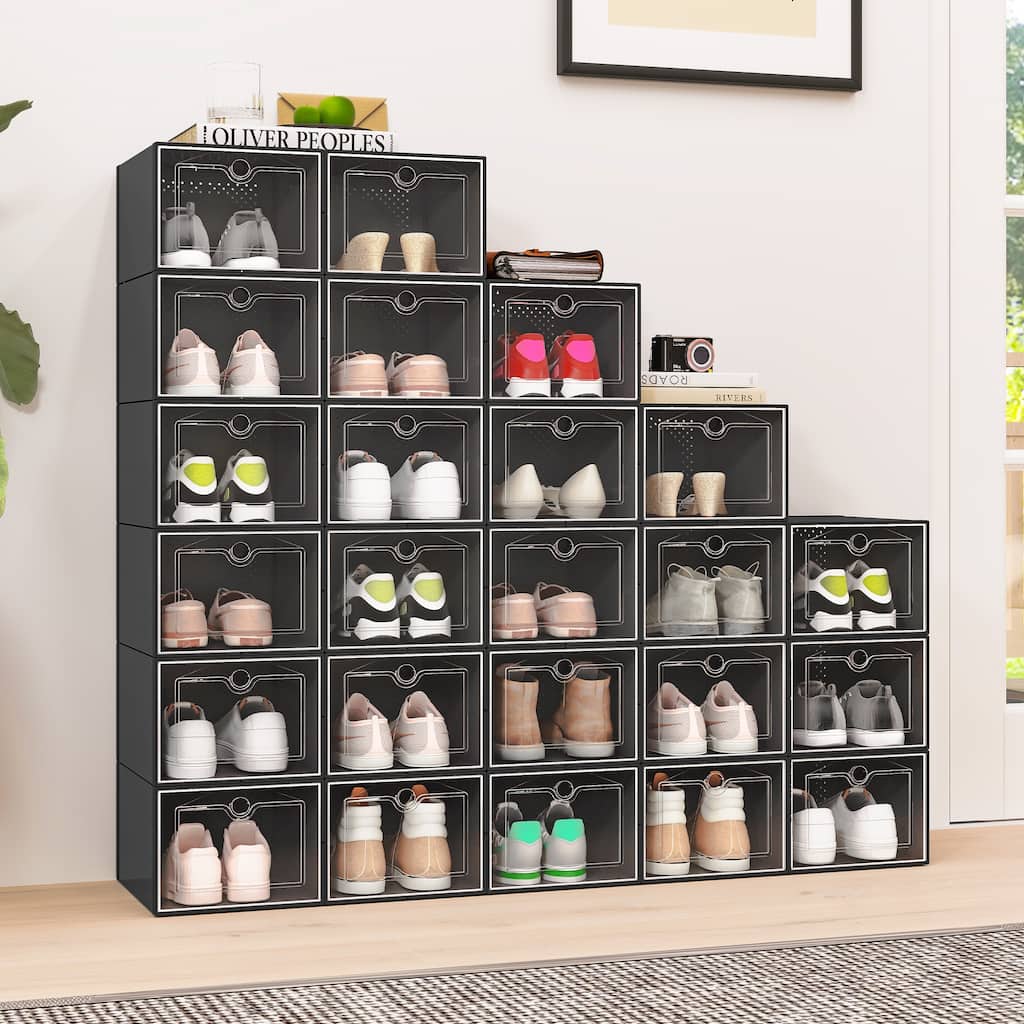 Moasis XL 24 Pack Shoe Storage Boxes Clear Plastic Stackable Shoe Organizer