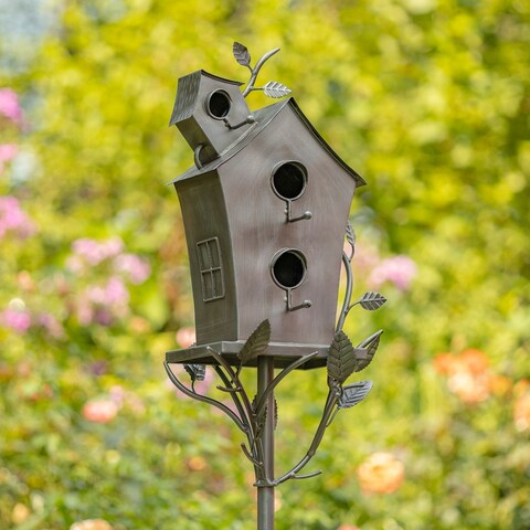 Large Bird House Stake with A-Frame Roof- Silver