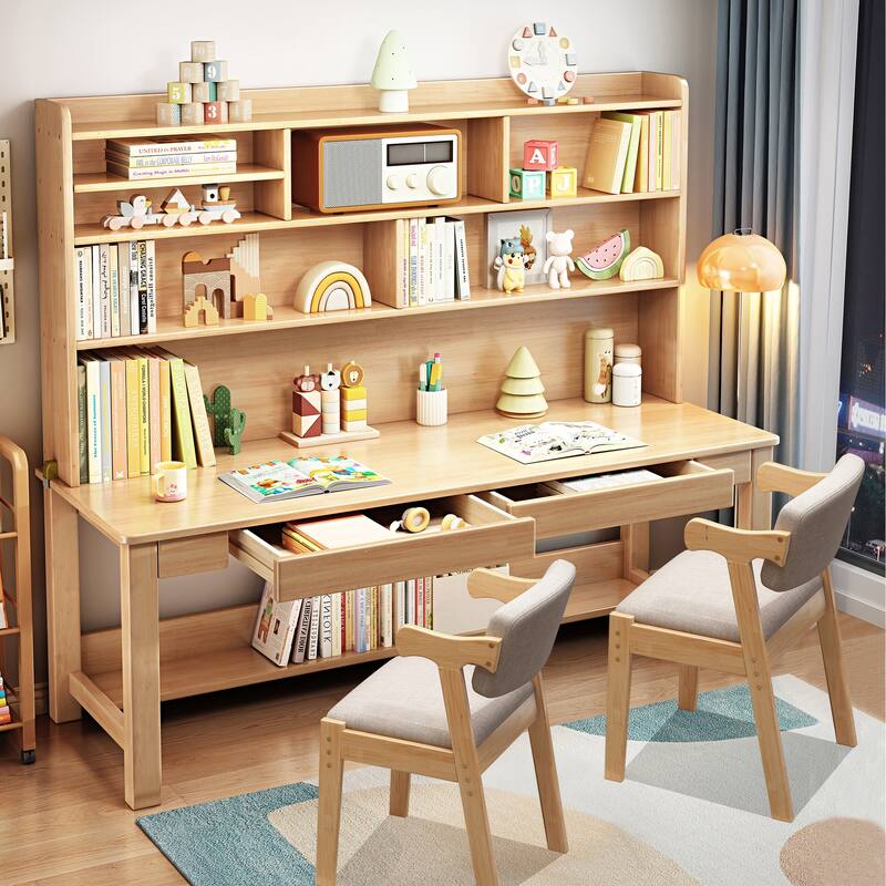 Kids Writing Desk with Chair, Student Study Desk and Bookshelf Set - Natural