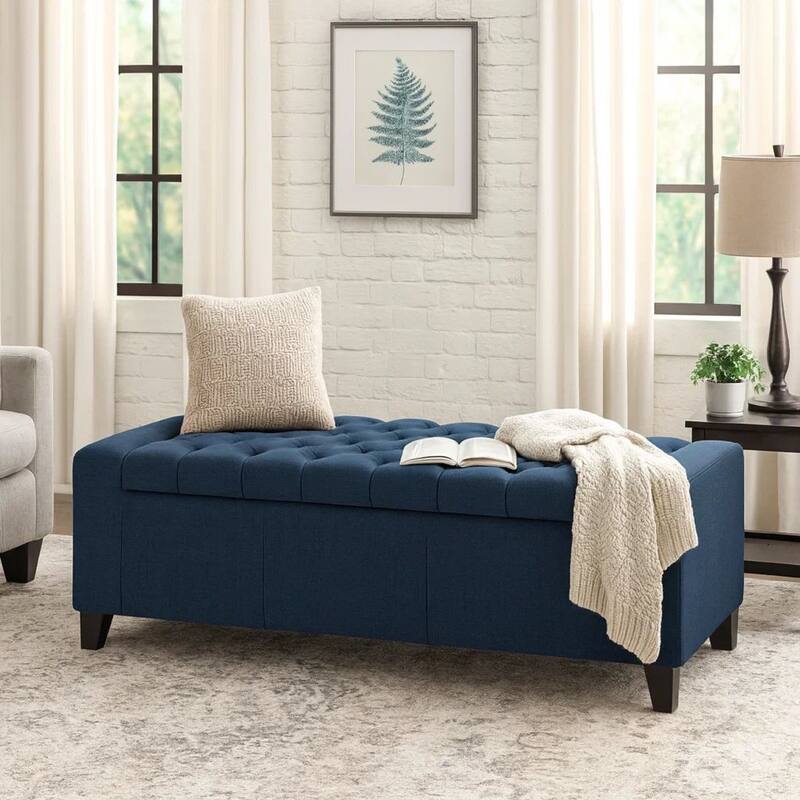 Storage Ottoman Bench, 51 Inch, Deep Button Tufted Dark Blue Fabric