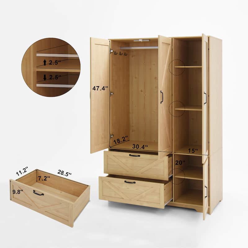 LED Wardrobe Cabinet Bedroom Tall Armoire with Mirror, Folding and Hanging Areas