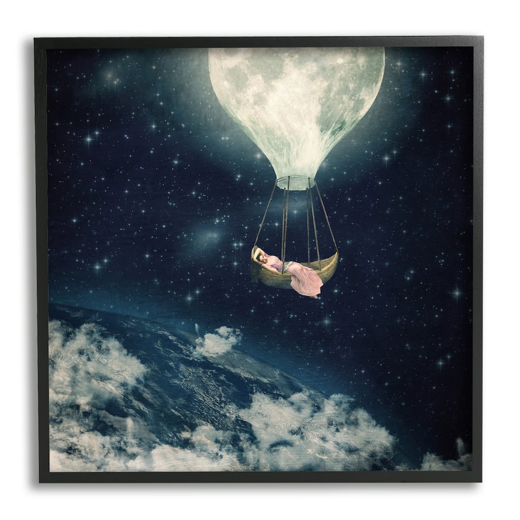 Stupell Dreamlike Moon Balloon Galactic Outer Space Clouds Framed Wall Art - Blue