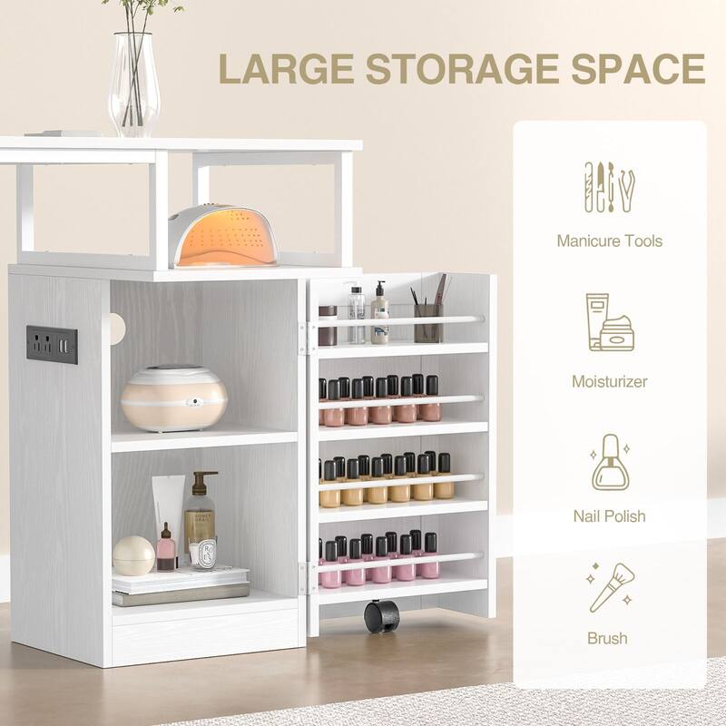 Manicure Table, Nail Tech Desk with Charging Outlet, Nail Station with Shelf & Drawers