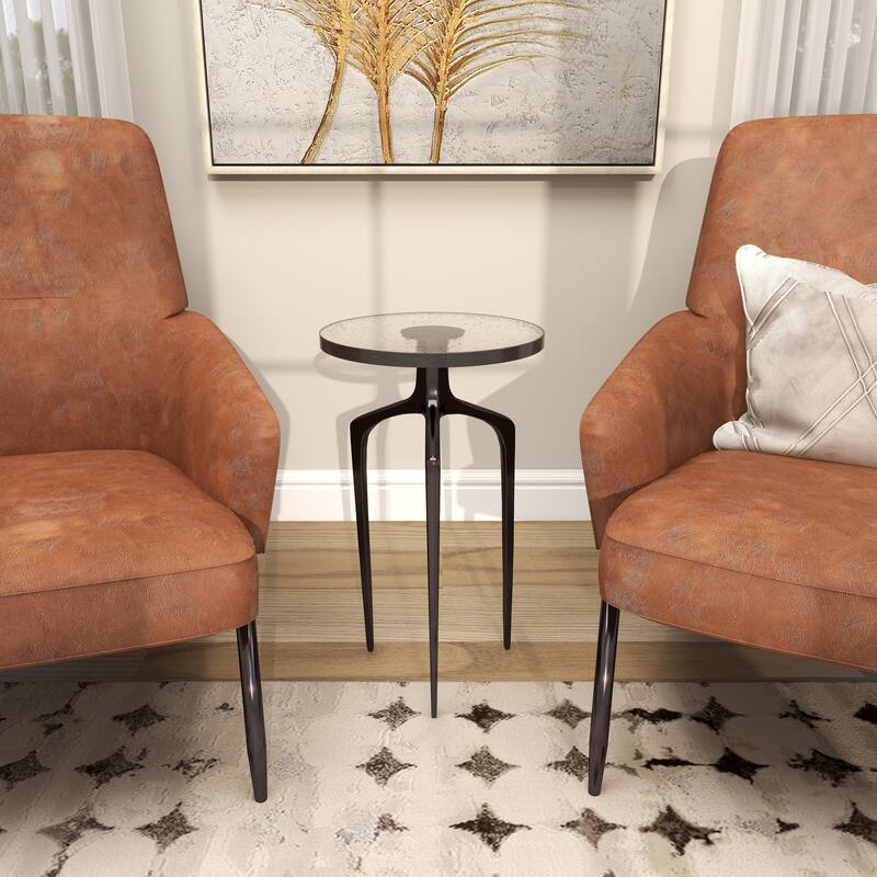 Aluminum Metal Small Tripod Accent Table with Textured Glass Tabletop - Silver, Gold or Black - Roche River Decor