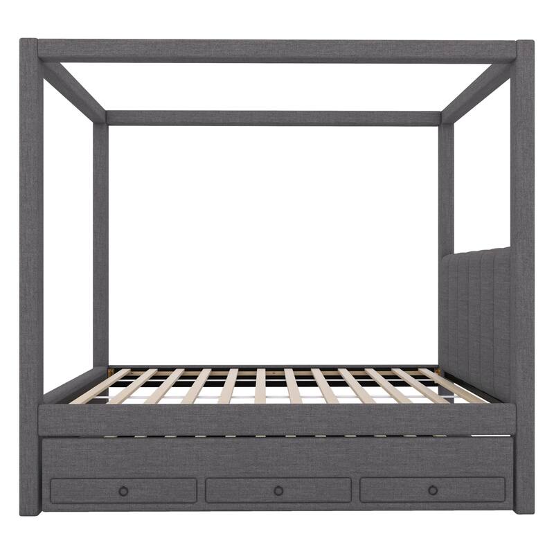 Upholstered Canopy Platform Bed with Trundle and Storage Drawers