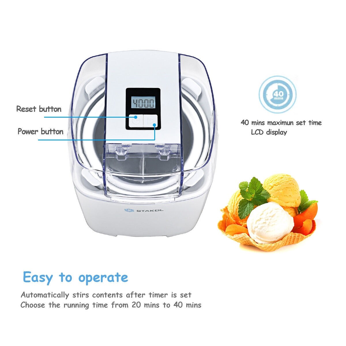 STAKOL 1.6 Quart Automatic Ice Cream Maker Freezer Bowl Dessert Machine Macarons Color