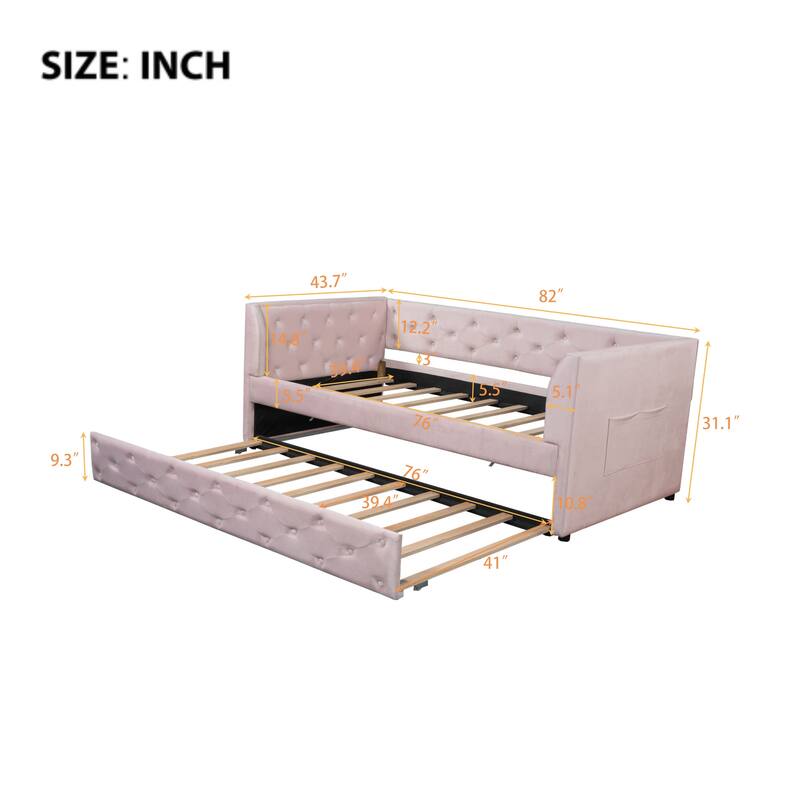 Upholstered Velvet Bed Frame, Twin Size Tufted Daybed with Side Storage Bag, Pull-out Trundle and Button Backrest Headboard
