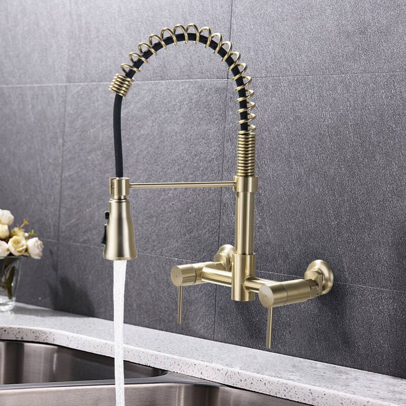 Modland Wall-Mounted Kitchen Faucet with Pull Down Sprayer 3-Function in Brushed Gold/Matte Black