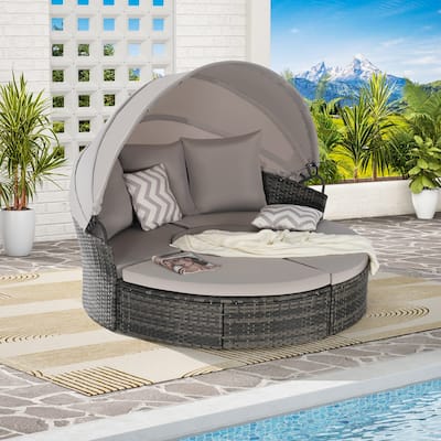 5 Pieces Outdoor Patio Round Daybed Furniture, Wicker Conversation Set with Retractable Canopy, Soft Cushions